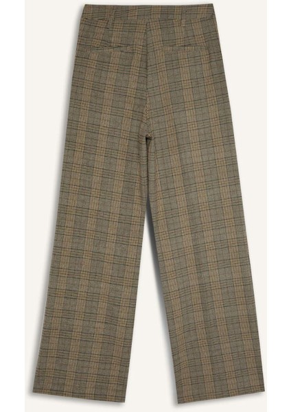 Wide Leg Klasik Kumaş Pantolon Geniş Bol Paça Kareli Çift Cepli Yüksek Bel Piliseli Standart Boy D4439AX24AU