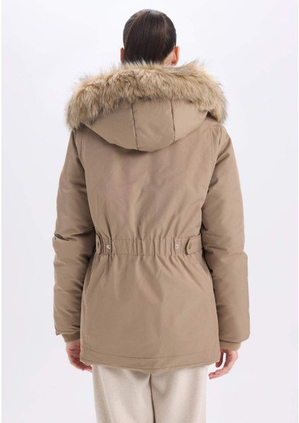 Su Geçirmez Mont Parka Kapüşonlu Suni Kürklü Fermuarlı Cepli