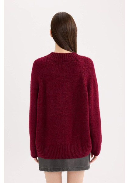 Oversize Geniş Kalıp V Yaka Basic Düz Bordo Triko Kazak A3264AX24CW