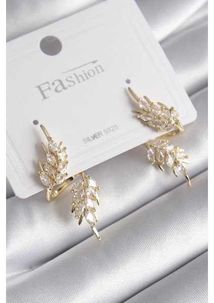 Bfs Pirinç Gold Renk Zirkon Taşlı Yaprak Model Kadın Küpe
