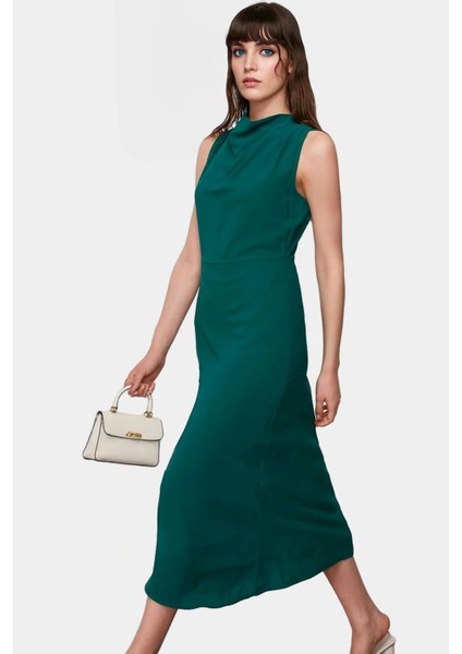 A Line Polyester Midi Elbise Degaje Yaka Krep Dokuma Astarlı Premium Kalite Modern Stil