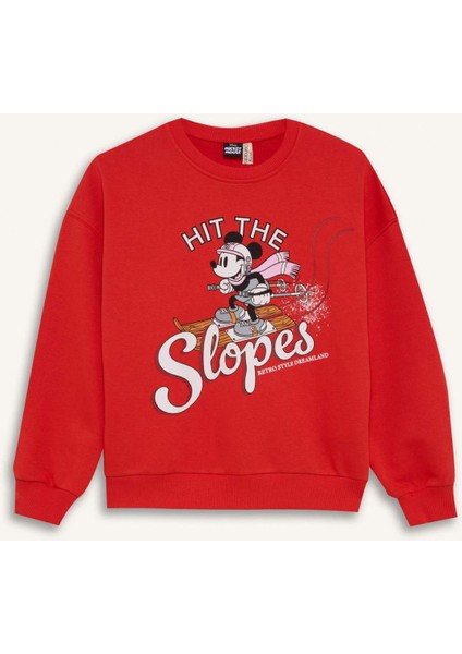 Kız Çocuk Disney Mickey & Minnie Oversize Geniş Kalıp Bisiklet Yaka Sweatshirt D4377A824WN