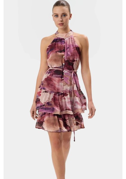 Çiçekli Desenli Halter Yaka Mini Elbise Hafif Polyester Kumaş Yazlık Günlük Şık Görünüm fiyatları