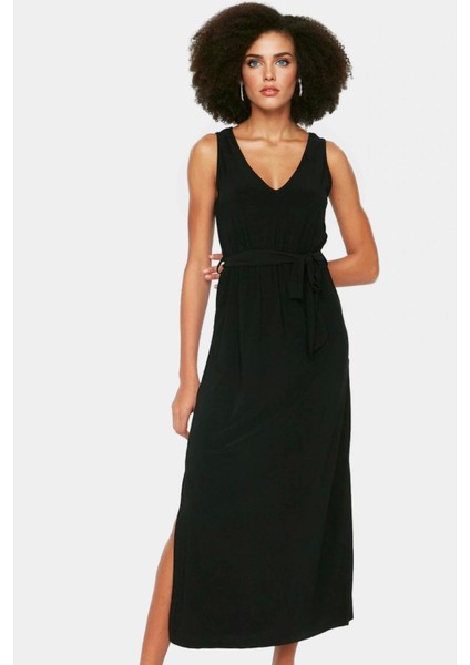 Yazlık Midi A Line V Yaka Örme Elbise Günlük Kullanım Trend Tasarım Modern Stil