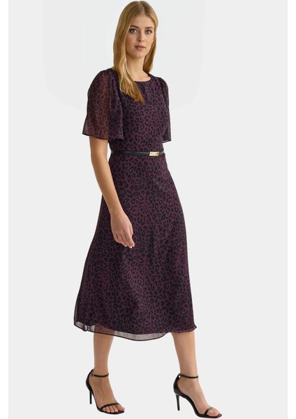 Şifon Midi Elbise A Line Kalıp Melek Kol Hayvan Desenli Yazlık Zarifane Tasarım Seçkin Malzeme