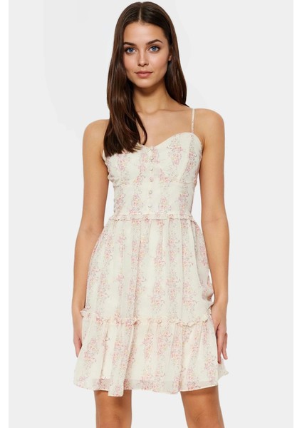 Yazlık Çiçekli Mini Şifon Elbise Astarlı Kalp Yaka Dokuma Dayanıklı Malzeme Modern Stil fiyatları