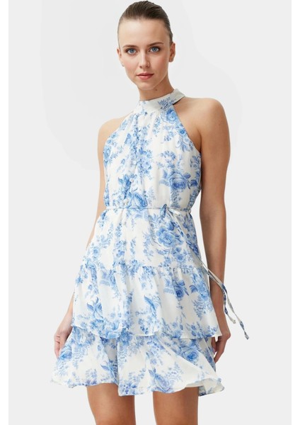 Çiçekli Desenli Halter Yaka Mini Elbise Hafif Polyester Kumaş Yazlık Günlük Şık Görünüm