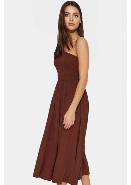 Tek Omuz Midi Elbise Dokuma Kumaştan Şık Yazlık Uzun Ömürlü Seçkin Malzeme Dayanıklı fiyatları