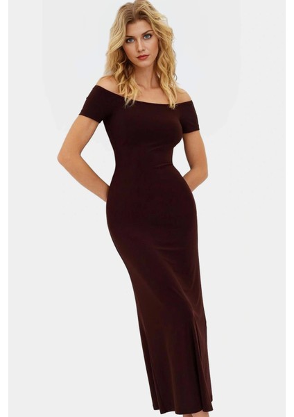 Maxi Elbise Örme Kumaş Kısa Kol Carmen Yaka Bodycon Kalıp Yazlık Mükemmel Uyum