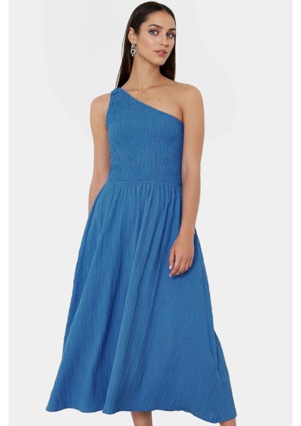 Tek Omuz Midi Elbise Dokuma Kumaştan Şık Yazlık Uzun Ömürlü Seçkin Malzeme Dayanıklı fiyatları