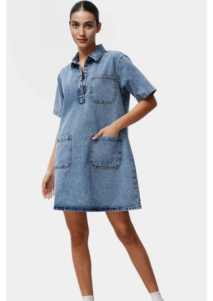 Kadın Denim Gömlek Elbise Kısa Kollu Mini Boy Pamuk Günlük Mükemmel Uyum Konforlu Kesim