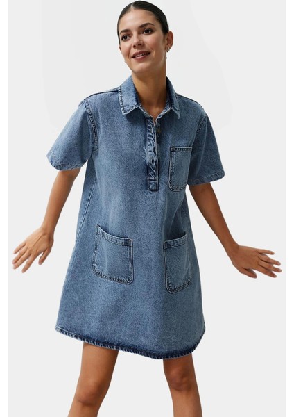 Kadın Denim Gömlek Elbise Kısa Kollu Mini Boy Pamuk Günlük Mükemmel Uyum Konforlu Kesim fiyatları