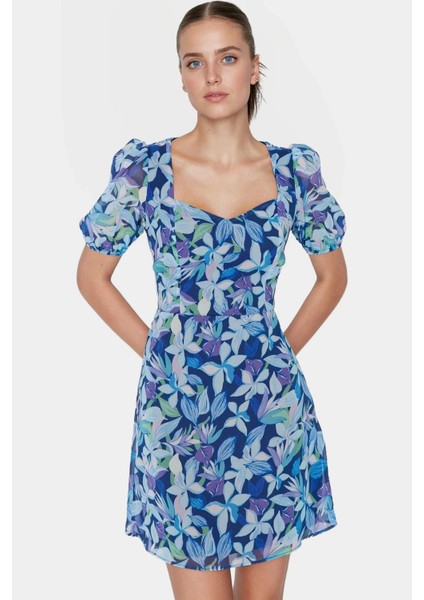 Şifon Mini Elbise Çiçek Desenli A Line Yazlık Kısa Kollu Yüksek Kalite Rahat ve Şık Modern Stil