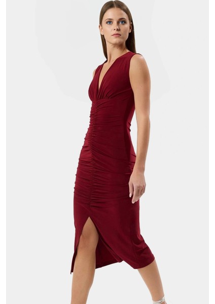 Şık Bodycon V Yaka Örme Midi Elbise Polyester Elastan Kumaştan Gündüz ve Gece Rahat Kullanım fiyatları