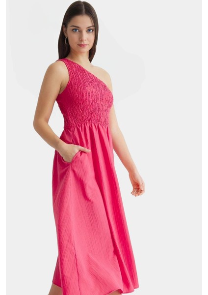 Tek Omuz Midi Elbise Dokuma Kumaştan Şık Yazlık Uzun Ömürlü Seçkin Malzeme Dayanıklı fiyatları