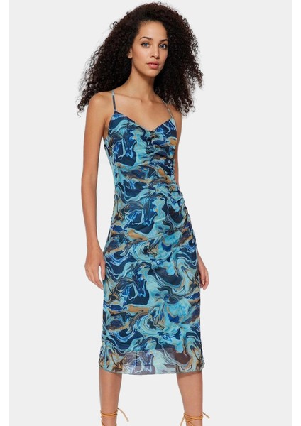 Şık Desenli Bodycon Midi Elbise Ince Askılı Örme Tül Kumaş Profesyonel Görünüm