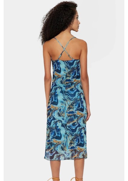 Şık Desenli Bodycon Midi Elbise Ince Askılı Örme Tül Kumaş Profesyonel Görünüm modelleri