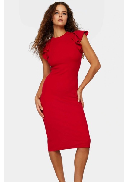Kadın Pamuklu Bodycon Midi Elbise Volanlı Kollu Rahat Günlük Trend Tasarım Seçkin Malzeme