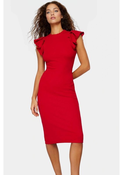Kadın Pamuklu Bodycon Midi Elbise Volanlı Kollu Rahat Günlük Trend Tasarım Seçkin Malzeme fiyatları