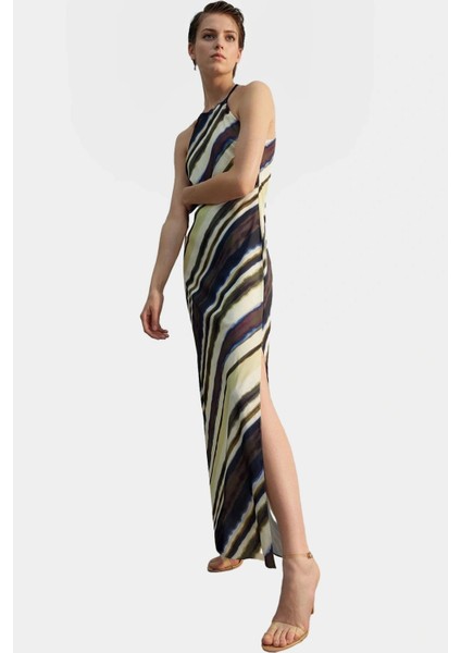 A Line Maxi Elbise Halter Yaka Dokuma Polyester Yazlık Premium Kalite Profesyonel Görünüm