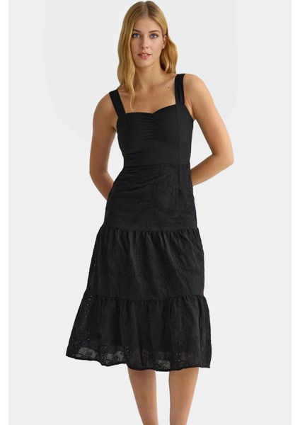 Yazlık Brode Dokuma Midi Elbise Skater Kalıp Kolsuz Günlük Rahat ve Şık Mükemmel Uyum