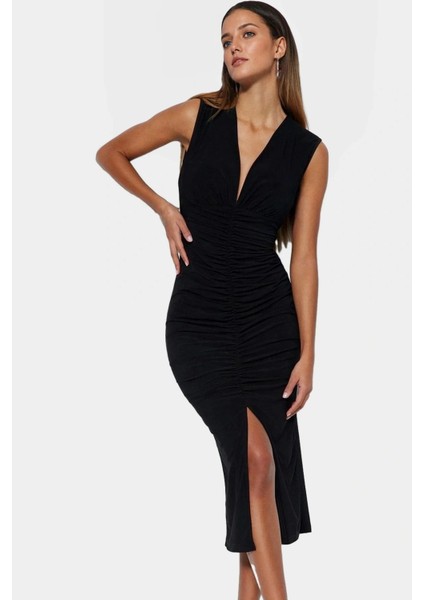 Şık Bodycon V Yaka Örme Midi Elbise Polyester Elastan Kumaştan Gündüz ve Gece Rahat Kullanım