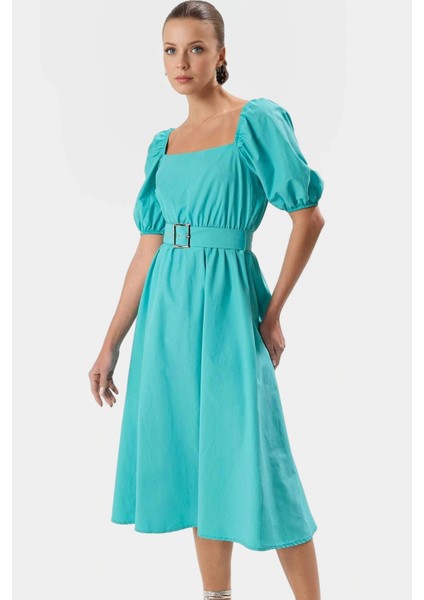 Kadın Skater Kalıp Midi Elbise Pamuklu Terrycotton Kumaş Günlük Şık Tarz Modern Stil Konforlu Kesim