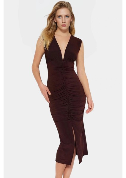 Şık Bodycon V Yaka Örme Midi Elbise Polyester Elastan Kumaştan Gündüz ve Gece Rahat Kullanım
