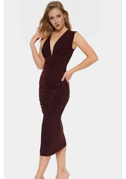 Şık Bodycon V Yaka Örme Midi Elbise Polyester Elastan Kumaştan Gündüz ve Gece Rahat Kullanım fiyatları