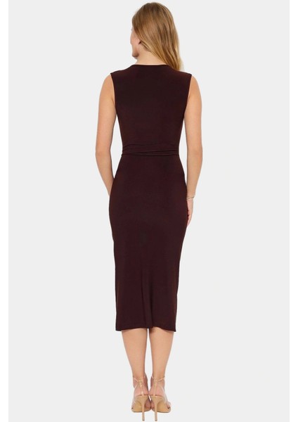Şık Bodycon V Yaka Örme Midi Elbise Polyester Elastan Kumaştan Gündüz ve Gece Rahat Kullanım modelleri