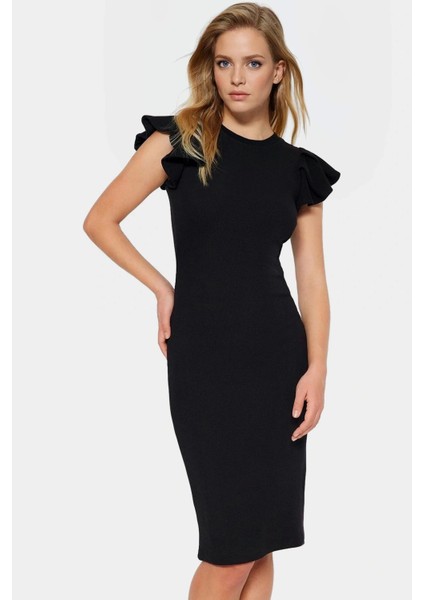 Kadın Pamuklu Bodycon Midi Elbise Volanlı Kollu Rahat Günlük Trend Tasarım Seçkin Malzeme