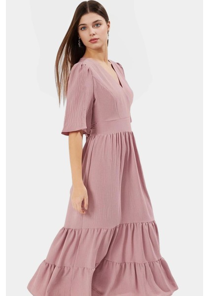 Kadın Midi Boy Aerobin Dokuma Elbise Kuşaklı V Yaka Tasarım Kaliteli Işçilik