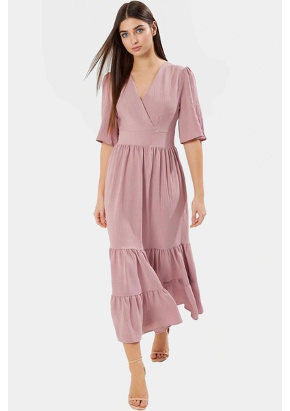 Kadın Midi Boy Aerobin Dokuma Elbise Kuşaklı V Yaka Tasarım Kaliteli Işçilik fiyatları