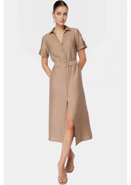 Şık Kemerli Midi Viskoz Elbise Yazlık Günlük Kombinler Için Rahat ve Zarifane Tasarım