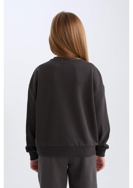Kız Çocuk Oversize Geniş Kalıp Bisiklet Yaka Baskılı Sweatshirt D4386A824WN