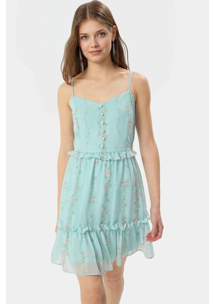 Yazlık Çiçekli Mini Şifon Elbise Astarlı Kalp Yaka Dokuma Dayanıklı Malzeme Modern Stil