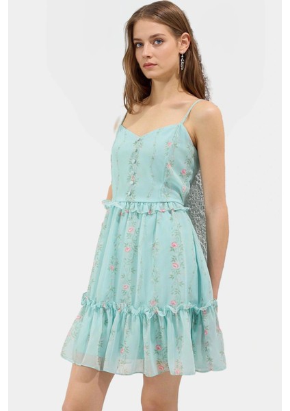 Yazlık Çiçekli Mini Şifon Elbise Astarlı Kalp Yaka Dokuma Dayanıklı Malzeme Modern Stil fiyatları