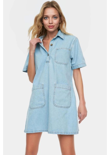 Kadın Denim Gömlek Elbise Kısa Kollu Mini Boy Pamuk Günlük Mükemmel Uyum Konforlu Kesim fiyatları