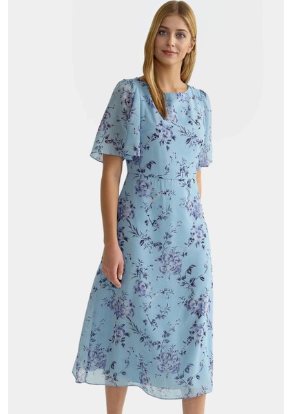 Şifon Midi Elbise A Line Kalıp Melek Kol Hayvan Desenli Yazlık Zarifane Tasarım Seçkin Malzeme