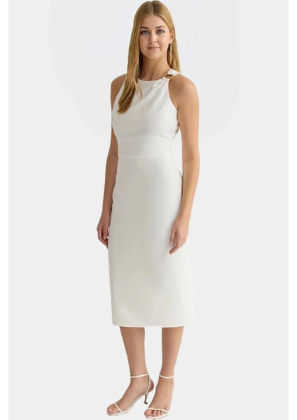 Zarif Halter Yaka Midi Elbise Vücudu Saran Kesim Dokuma Kumaş Şık Günlük Stil Profesyonel Görünüm