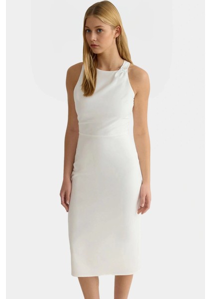 Zarif Halter Yaka Midi Elbise Vücudu Saran Kesim Dokuma Kumaş Şık Günlük Stil Profesyonel Görünüm fiyatları