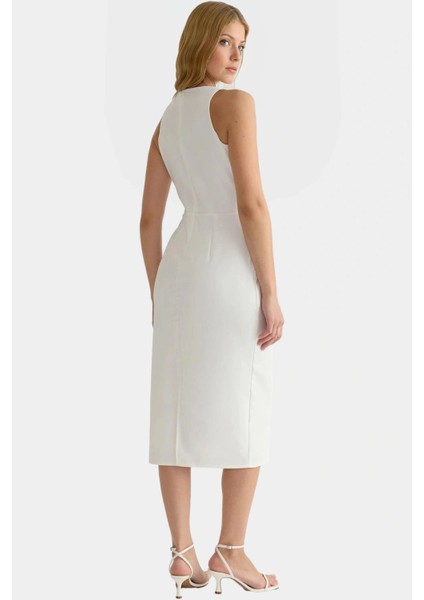 Zarif Halter Yaka Midi Elbise Vücudu Saran Kesim Dokuma Kumaş Şık Günlük Stil Profesyonel Görünüm modelleri