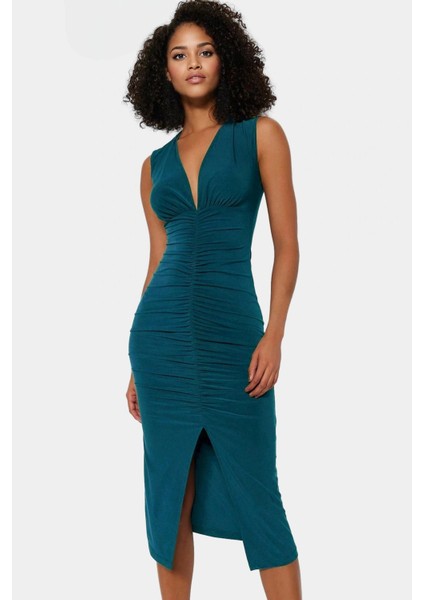 Şık Bodycon V Yaka Örme Midi Elbise Polyester Elastan Kumaştan Gündüz ve Gece Rahat Kullanım