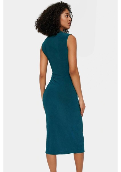 Şık Bodycon V Yaka Örme Midi Elbise Polyester Elastan Kumaştan Gündüz ve Gece Rahat Kullanım fiyatları