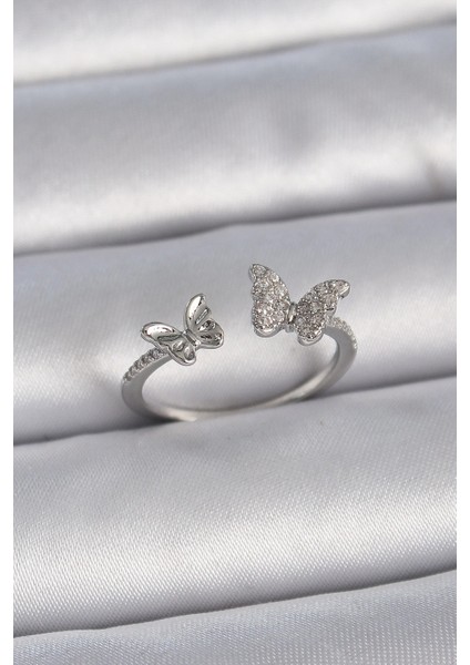 Bfs Pirinç Gümüş Renk Ayarlanabilir Zirkon Taşlı Kelebek Model Kadın Yüzük