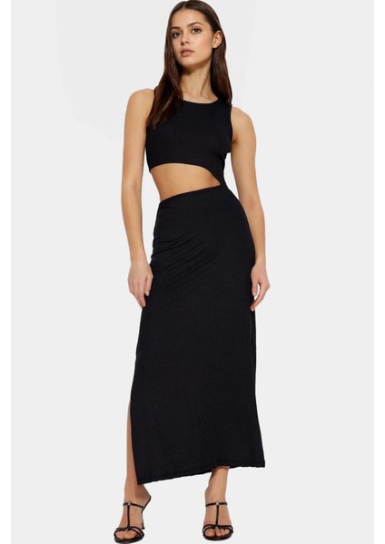 Maxi Örme Elbise Bisiklet Yaka Cut Out Detaylı 96% Polyester Rahat ve Şık Günlük Kullanım Için fiyatları