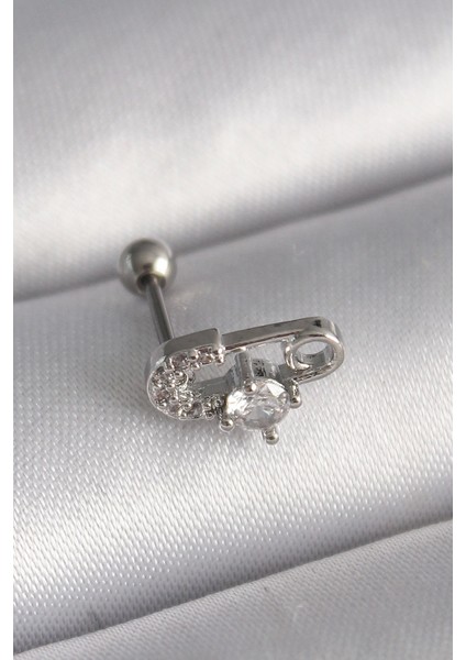 Bfs 316L Çelik Gümüş Renk Zirkon Taşlı Toplu Iğne Tragus Piercing