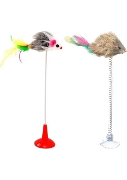 Bfs 2li Vantuzlu Fareli Tüylü Hareketli Çanlı ve Esneyen Eğlenceli Peluş Kedi Oyuncağı