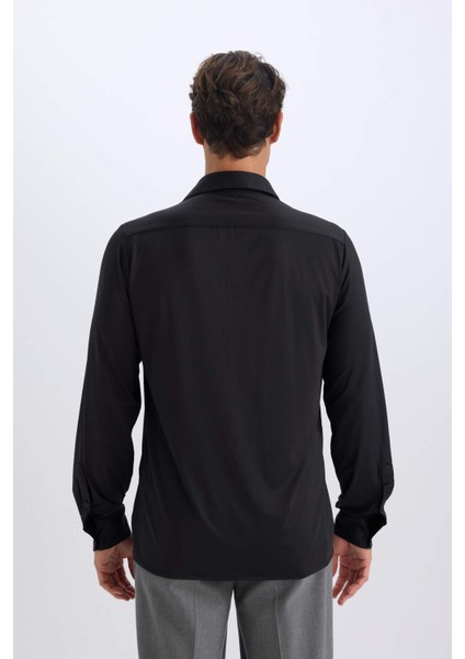 Slim Fit Dar Kesim Polo Yaka Uzun Kollu Siyah Gömlek D4525AX24AU