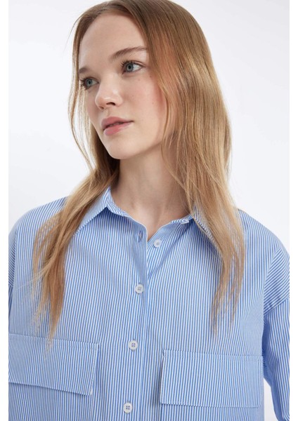 Coool Crop Çizgili Cepli Poplin Uzun Kollu Gömlek